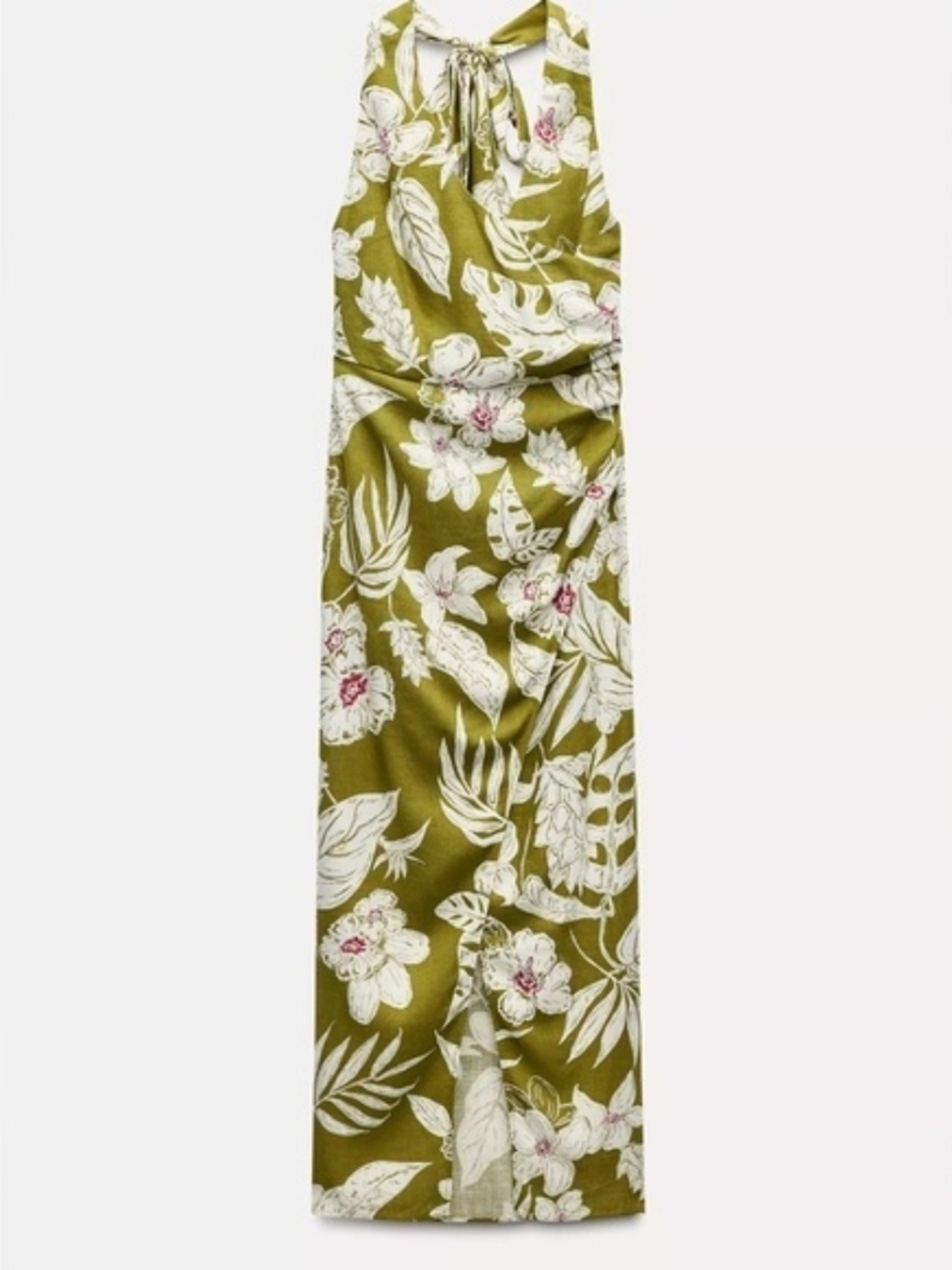 Olive Green Floral Halter Maxi Dress